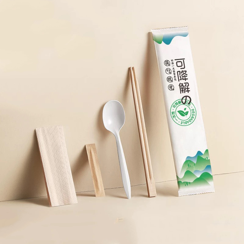 일회용 주방 냅킨 생분해성 칼붙이 가방 세트(인쇄 로고가 있는 냅킨 포함) 분해성 종이 필름 세트