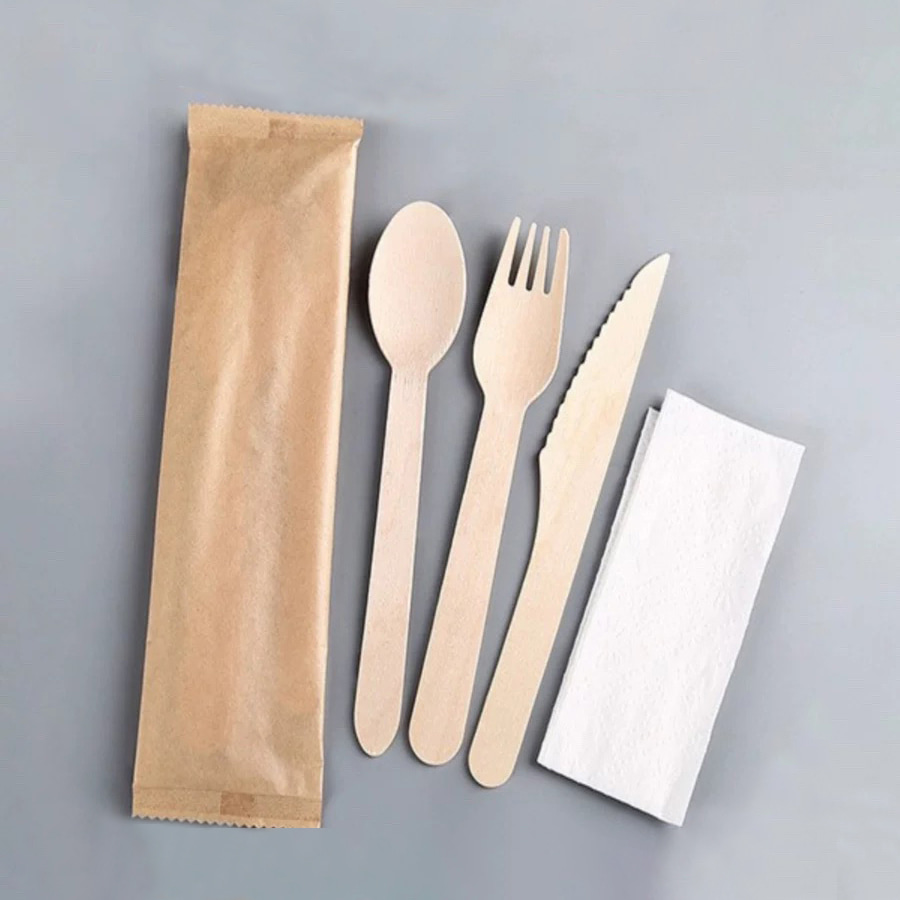 일회용 환경 친화적인 식기 제조업체 나무 칼붙이 세트 분해성 종이 필름 세트